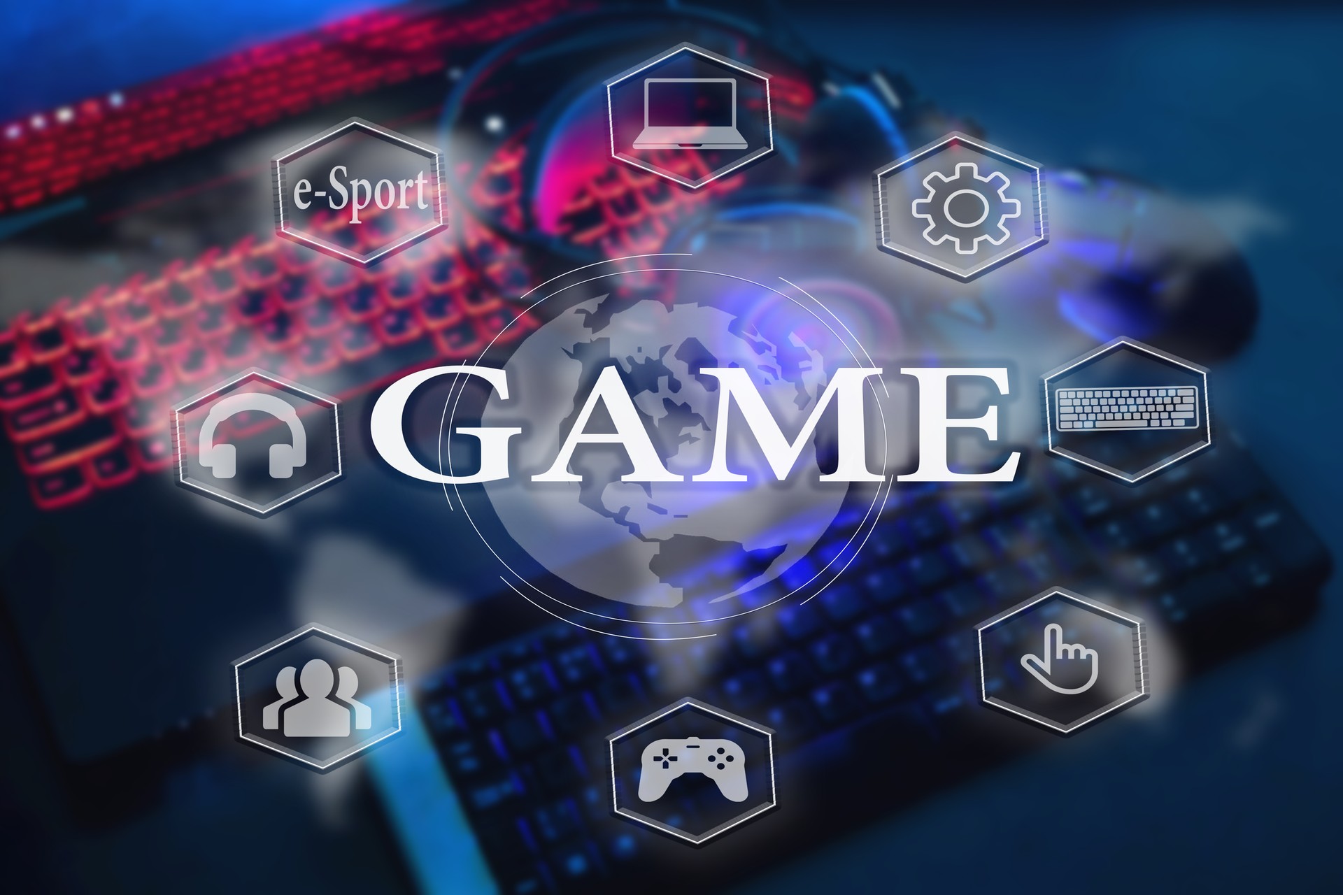 gamer workspace concept, game mechanism, mouse, keyboard headset, webcam, VR headset. Devices for cyber sport, e-sport on a black background table with digital symbols and text game.